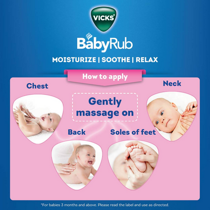 Vicks BabyRub Ayurvedic balm for babies, showing a jar with baby-friendly herbal ingredients and gentle application.