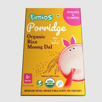 Timios Organic Rice Moong Dal Porridge for babies, showing a bowl of prepared baby cereal with rice and moong dal ingredients.