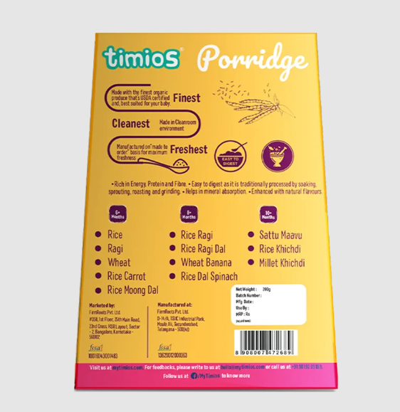 Organic rice and moong dal baby cereal by Timios, featuring a bowl of nutritious baby food in a colorful setting.