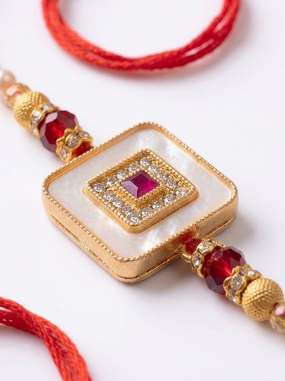 Anouk Square Design Multicolor Artificial Stones & Pearls Thread Rakhi With Roli Chawal