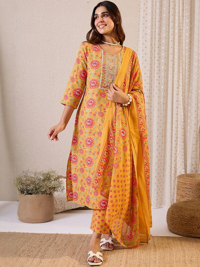 Indyancart IE Floral Embroidered Straight Zari Work Kurta With Trousers & Dupatta