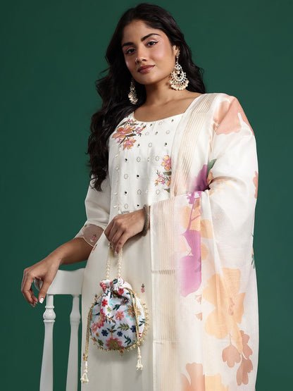 Floral Embroidered Mirror Work Kurta with Palazzos & Dupatta