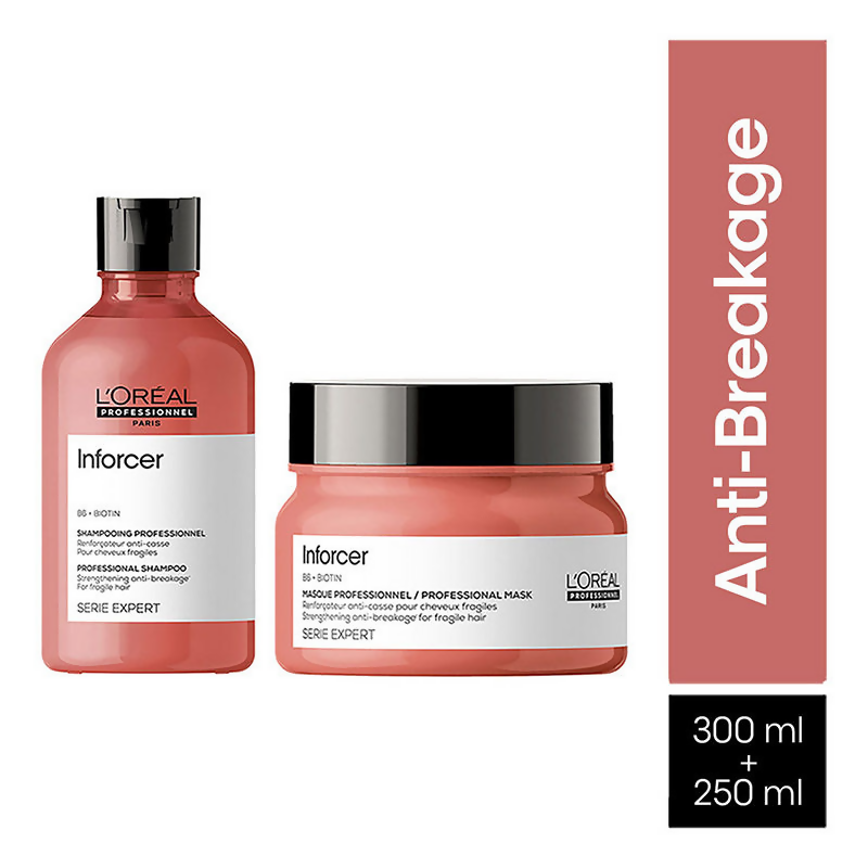 L'Oreal Paris Inforcer strengthening shampoo and hair mask combo from Serie Expert, featuring creamy textures and healthy hair results.