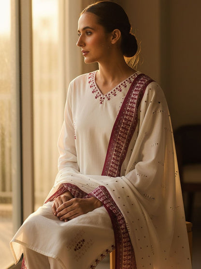 Embroidered V-Neck Thread Work Pure Cotton Straight Kurta With Trousers & Dupatta