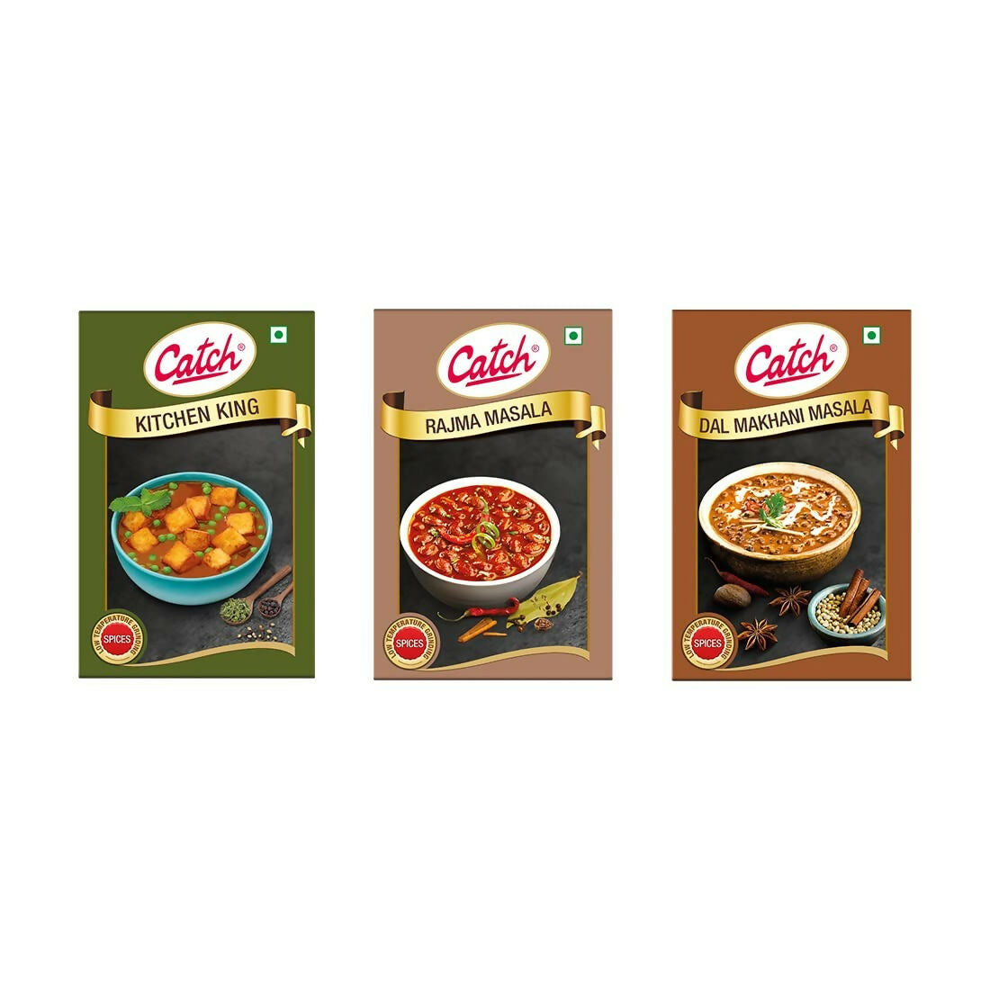 Catch Masala Powder combo with Kitchen King, Rajma Masala, and Dalmakhani Masala powders in 100g packs.
