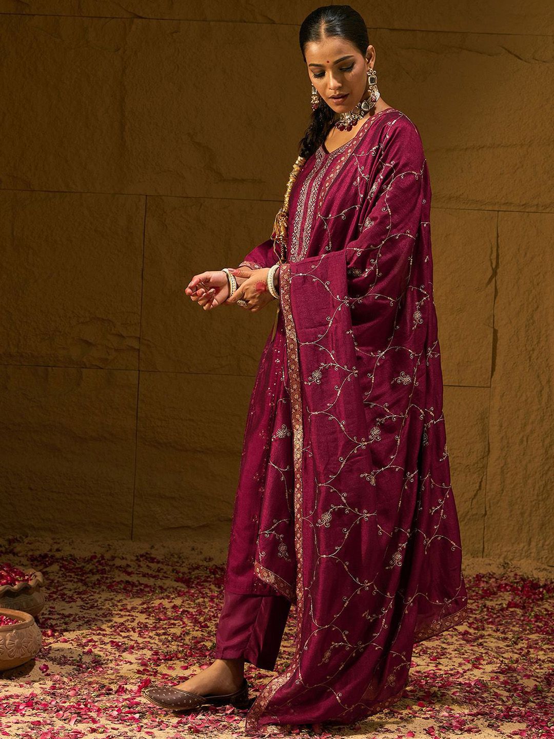 Indyancart IE Maroon Floral Embroidered V-Neck Straight Kurta with Trousers & Dupatta
