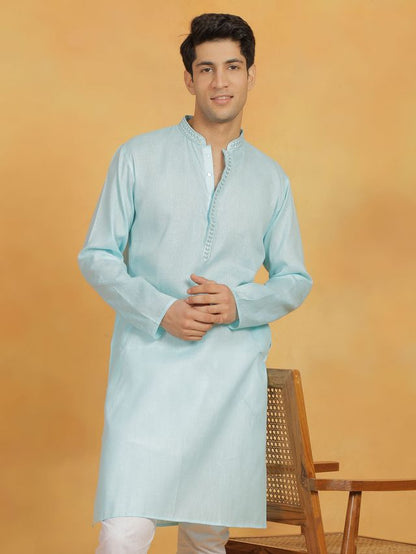 Men's Aqua Cotton Straight Kurta