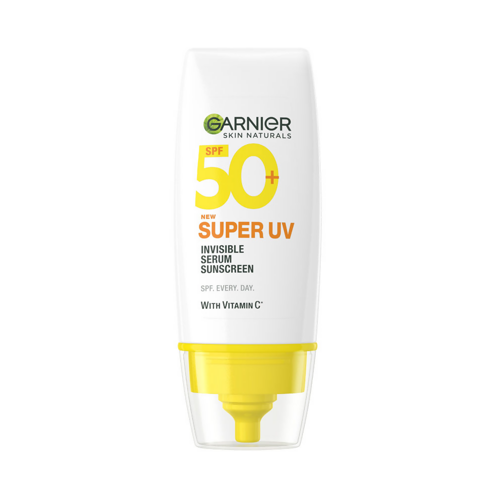 Garnier Super UV Invisible Serum Sunscreen bottle showing the clear, lightweight formula and SPF protection features.