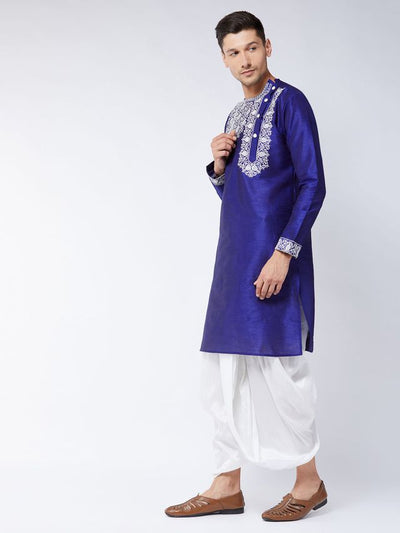 Men's Blue Silk Blend Angrakha Kurta and Dhoti Set