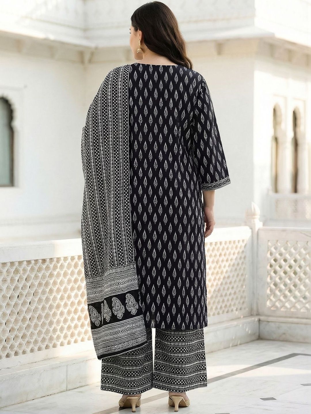 Indyancart Women's Ethnic Motifs Printed Mirror Work Pure Cotton Kurta with Palazzos & With Dupatta