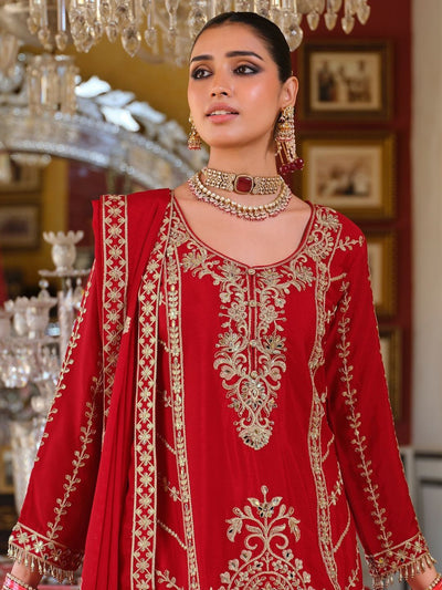 Indyancart IE Women Ethnic Motifs Embroidered Kurta with Sharara & Dupatta
