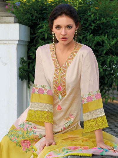 Indyancart IE Floral Embroidered Mirror Work Straight Kurta With Trousers & Dupatta