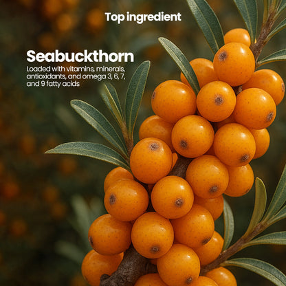 Bottle of Krishna's Herbal & Ayurveda Sea Buckthorn Juice, an Ayurvedic drink with fresh sea buckthorn berries and herbal ingredients.