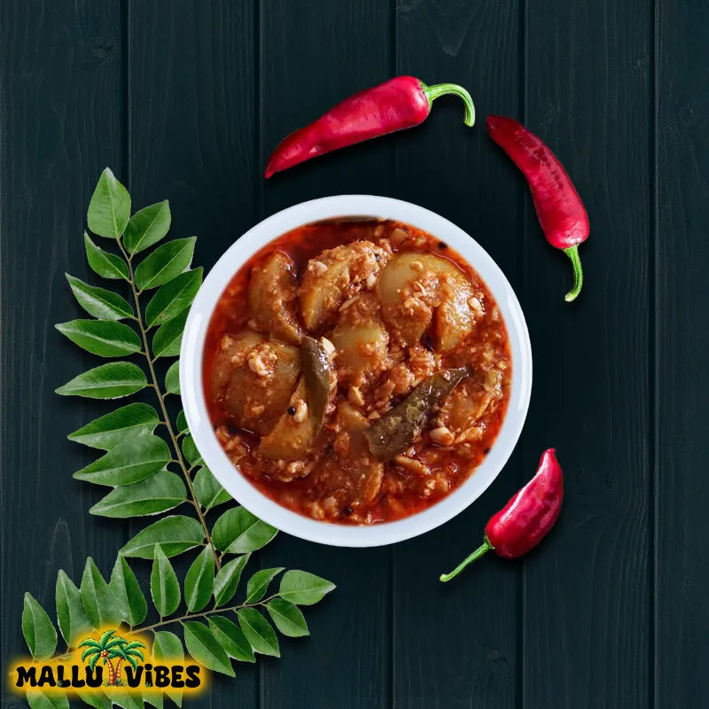 Top view of Mallu Vibes Kerala Gooseberry Pickle, homemade South Indian veggie pickle with sour, spicy flavor, no preservatives.