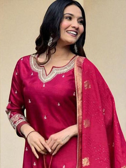 Indyancart SN Women's Embroidered Calf Length Regular Straight Kurta & Pyjamas With Dupatta