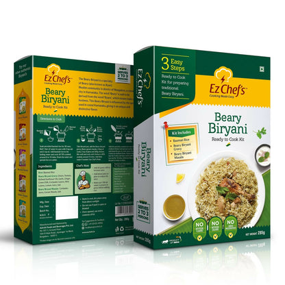 Ez Chef's Beary Biryani Kit featuring Mangalore's famous biryani masala in a colorful spice packet.