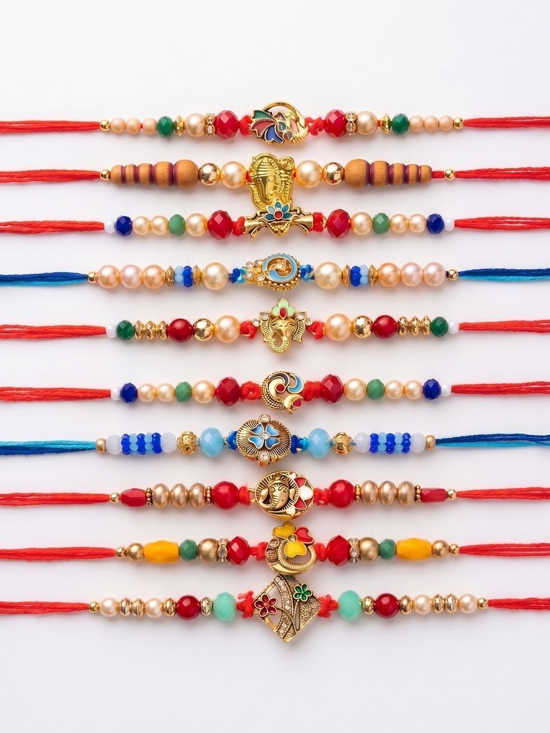 Anouk Set Of 10 Artificial Stones & Beads Thread Rakhi With Roli Chawal Chandan Mishri