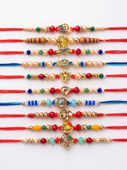Anouk Set Of 10 Artificial Stones & Beads Thread Rakhi With Roli Chawal Chandan Mishri