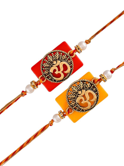 Anouk Gold Toned Set Of 2 Om Charm Thread Rakhis With Roli Chawal & Greeting Card