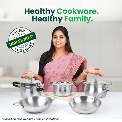 The Indus Valley TurboCuk Tri-ply Stainless Steel Fry Pan, Premium Quality, 3 Layer Thick Body, 100% Toxin-free, Non-stick, Induction & Gas,Spatula, 22/24/26 cm, 1.5/1.7/1.9L