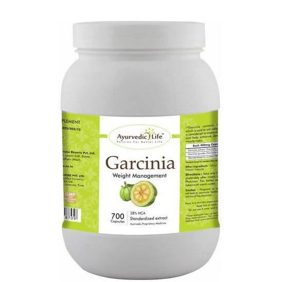 Ayurvedic Life Garcinia capsules in a bottle, showing the supplement capsules for natural weight management and health support.