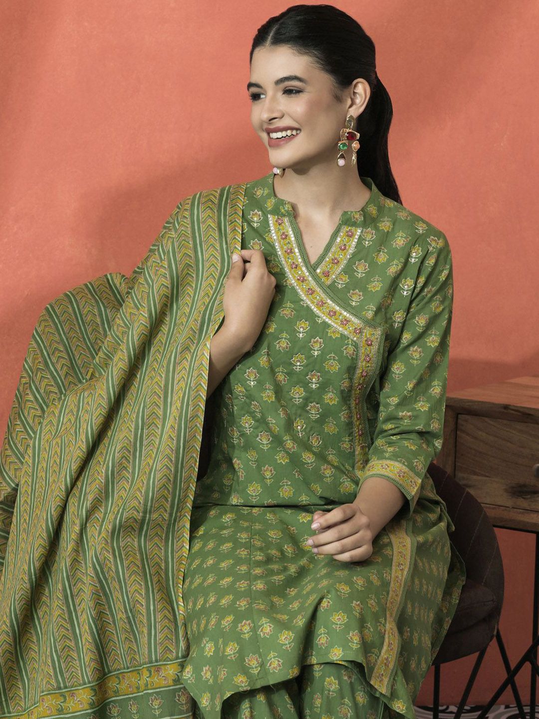Indyancart SN Women's Floral Printed Mandarin Collar Pure Cotton Straight Kurta With Trouser & Dupatta