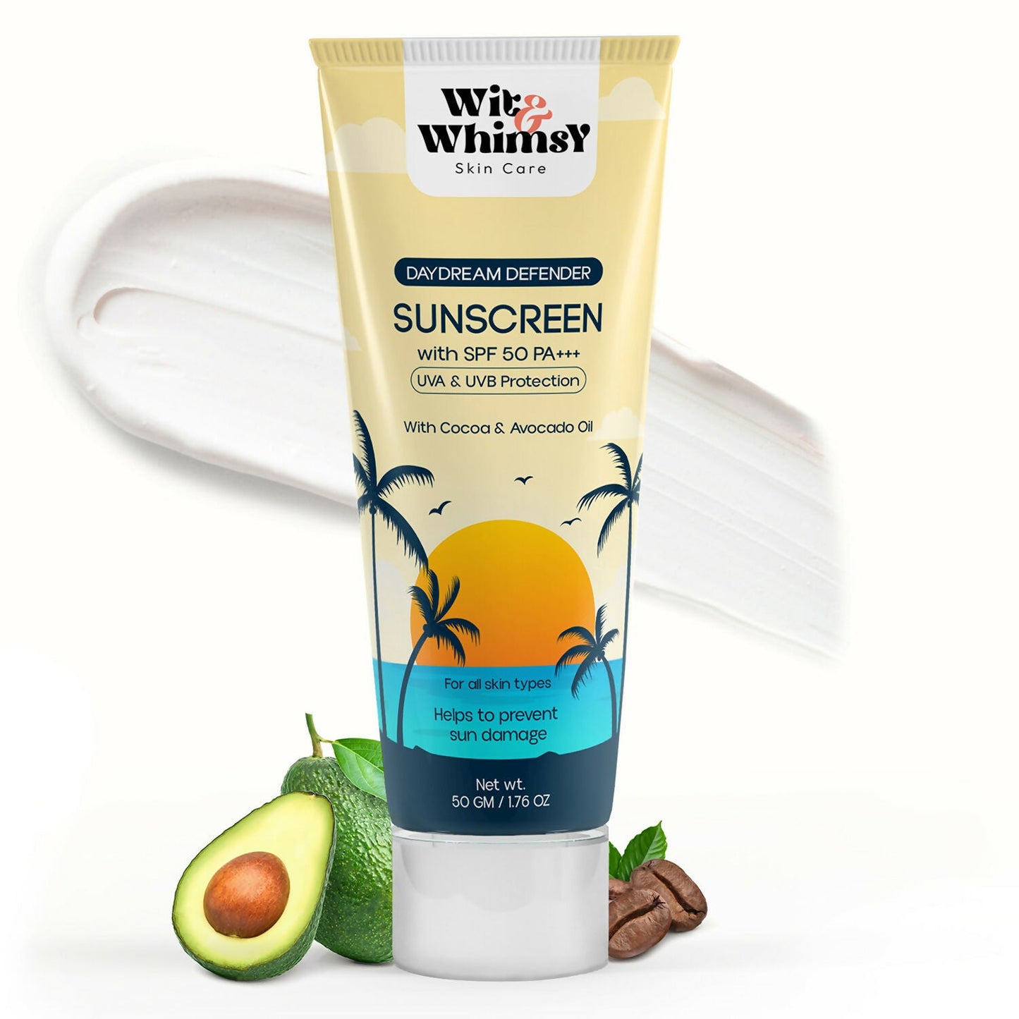 Wit and Whimsy SPF 50 PA+++ sunscreen with cocoa and avocado oil, providing sun protection and skin nourishment.