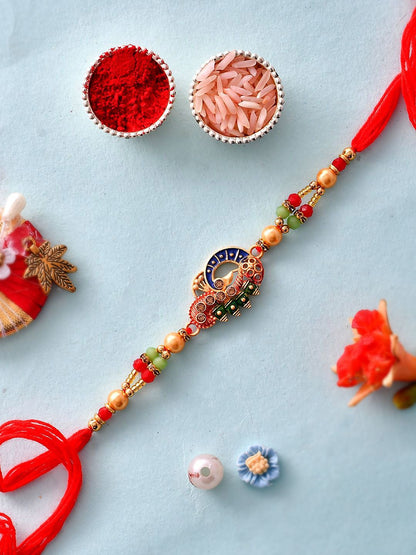 Anouk Red Stone Studded & Beaded Thread Rakhi With Roli Chawal & Greeting Card