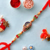 Dhiyona Red Stone Studded & Beaded Thread Rakhi With Roli Chawal & Greeting Card