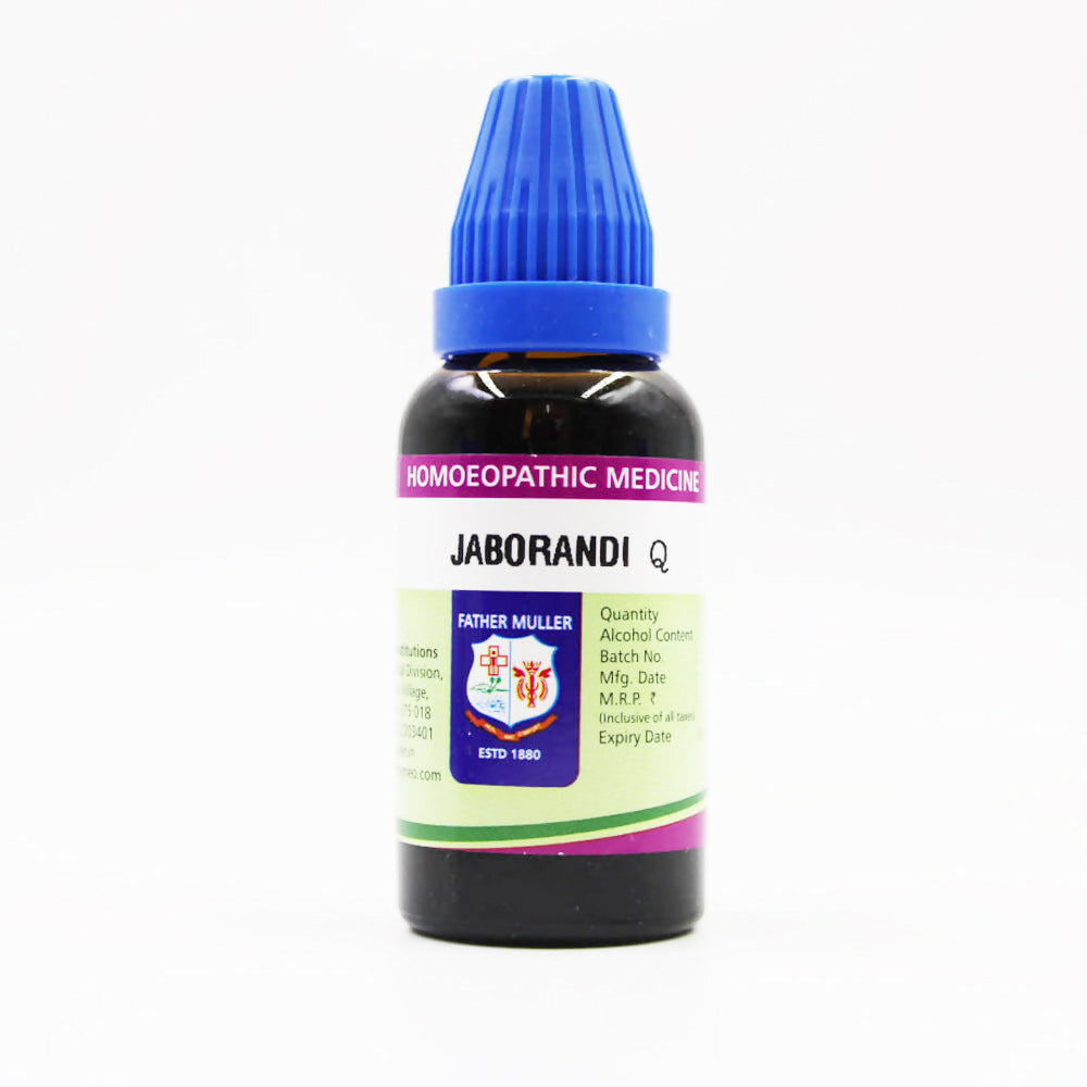 Father Muller Jaborandi Mother Tincture Q bottle, herbal medicine in glass container with label showing product details.