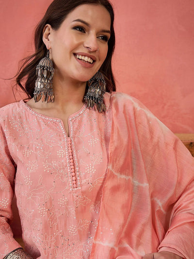 Indyancart SN Women's Floral Embroidered Notch Neck Thread Work Straight Kurta With Trouser And Dupatta