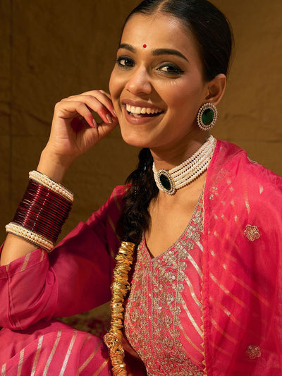 Indyancart IE Leheriya Embroidered Thread Work Chanderi Silk Kurta With Trousers & Dupatta