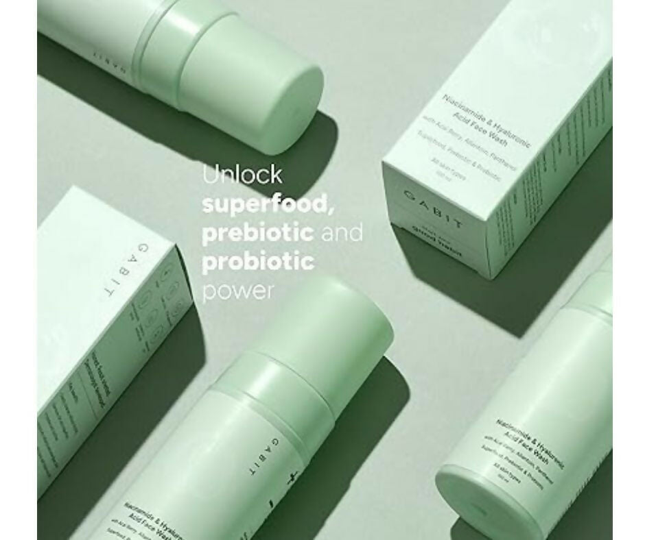 Gabit Niacinamide and Hyaluronic Acid foaming face wash in a pump bottle, showing the product label and foam texture.