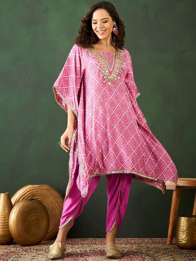 Indyancart SN Women's Pink Bandhani Printed Gotta Patti Asymmetric Kaftan With Dhoti Pant