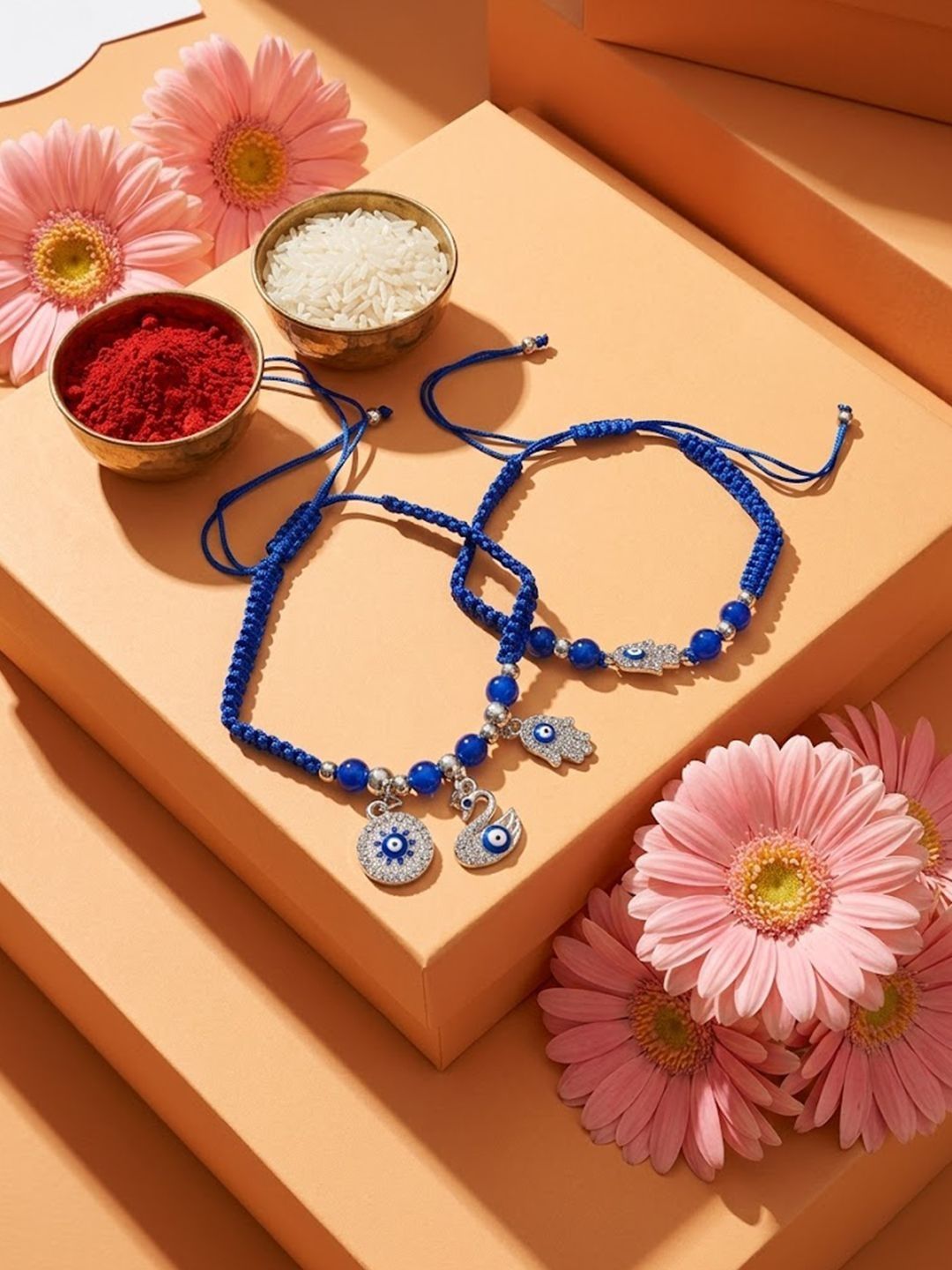 Anouk Set Of 2 Blue & Silver Evil Eye Design Bhaiya Bhabhi Rakhi With Roli Chawal Chandan