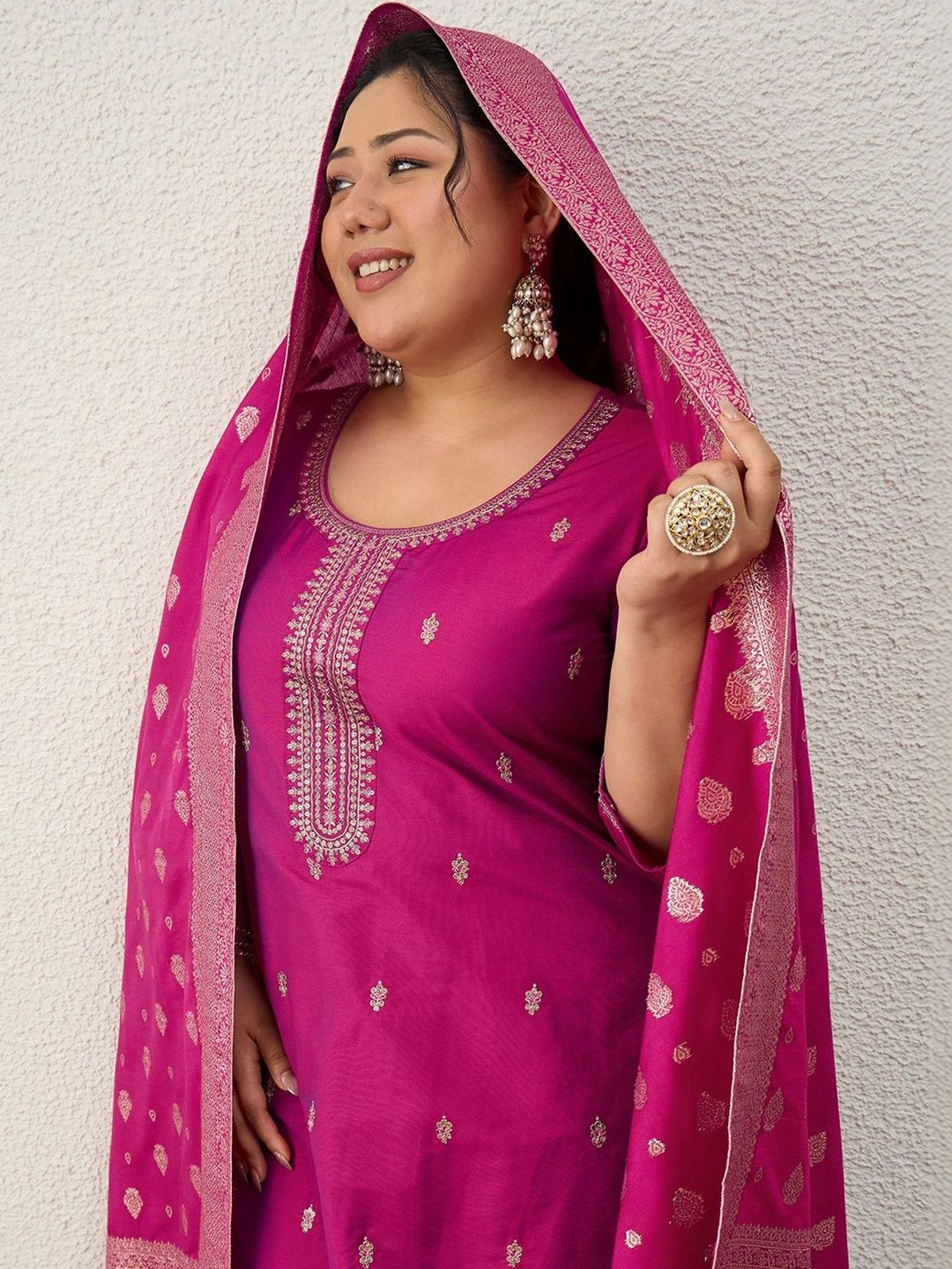 Indyancart Women's Ethnic Motifs Embroidered Regular Kurta with Trousers & With Dupatta