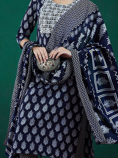 Dhiyona IE Ethnic Motifs Printed Thread Work Straight Kurta With Trousers & Dupatta