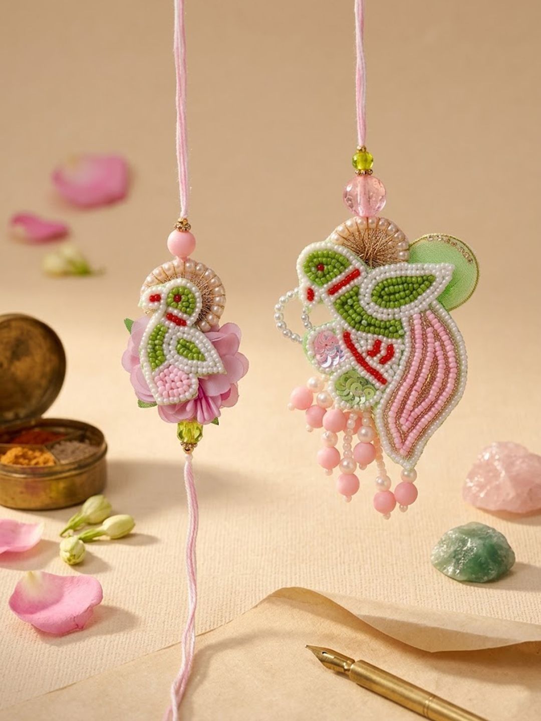Anouk Set Of 2 Leaf Design Pearls & Artificial Stones Bhaiya Bhabhi Rakhi With Roli Chawal