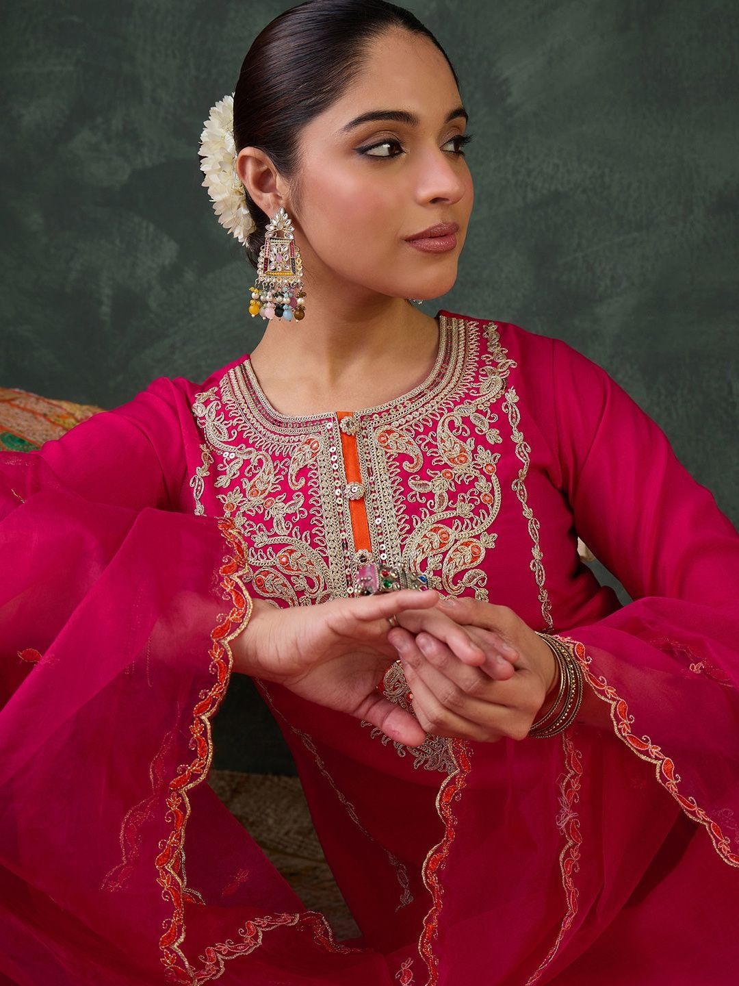 Women Ethnic Motifs Embroidered Regular Thread Work Kurta with Trousers & With Dupatta