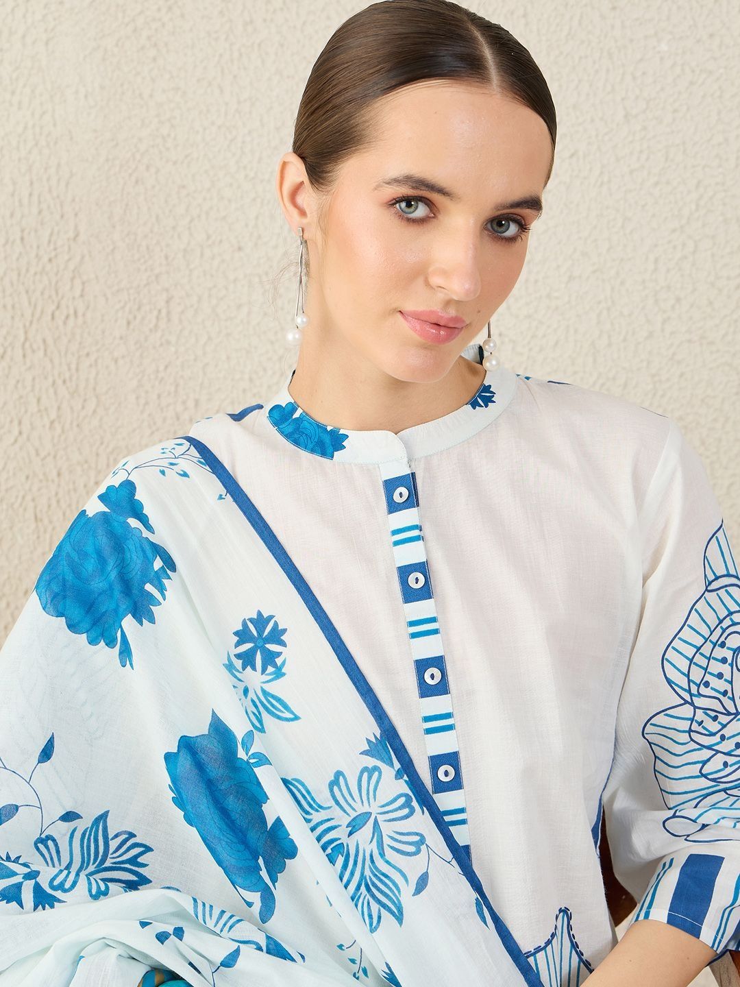 Women Floral Printed Cotton A-Line Kurta with Trousers & Dupatta