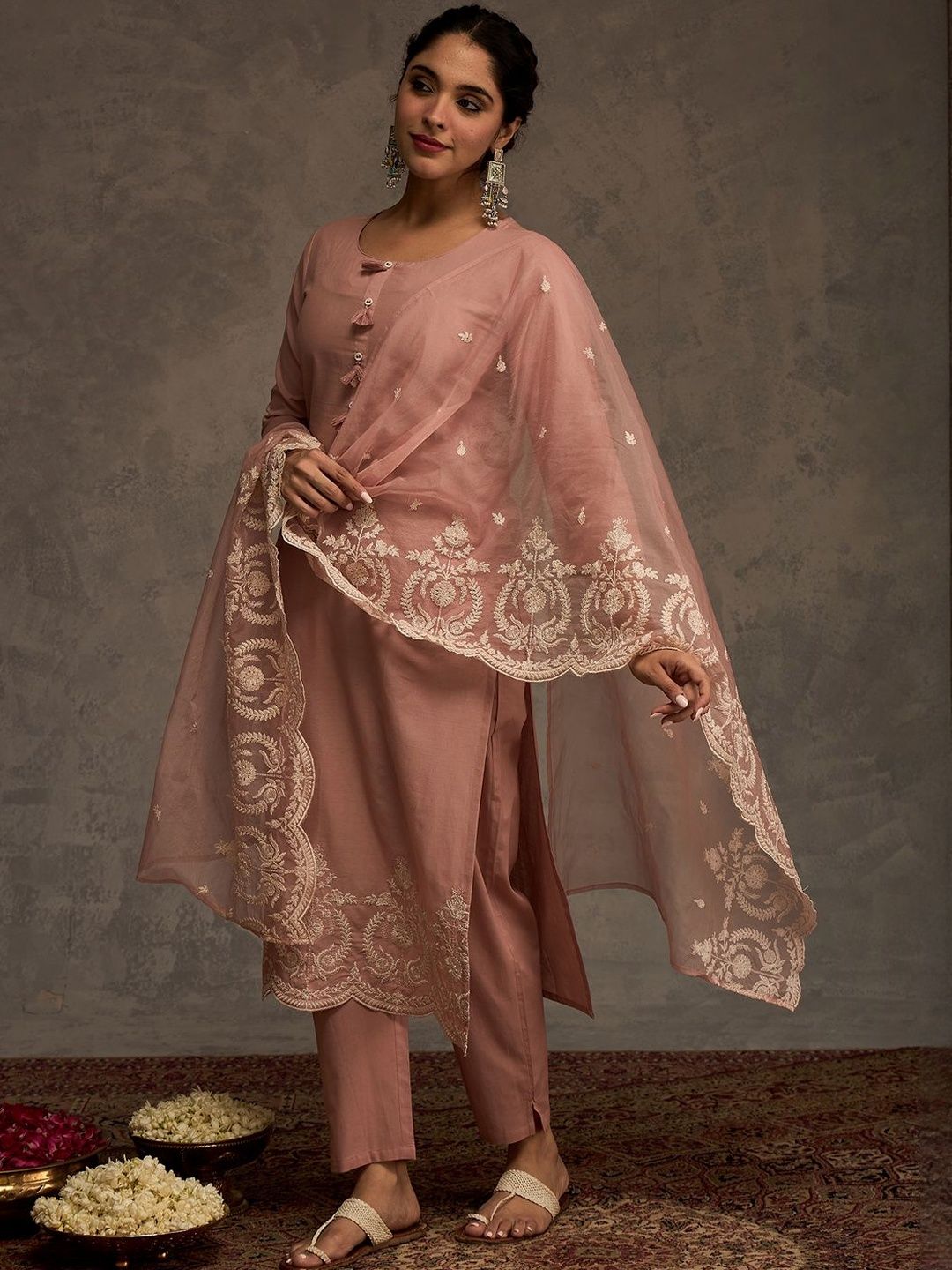 Women Ethnic Motifs Embroidered Cotton Kurta with Trousers & Dupatta