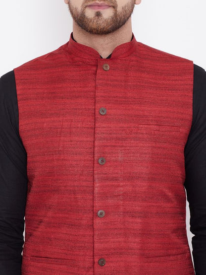 Men's Black Cotton Blend Straight Jacket  Kurta and Pyjama Set