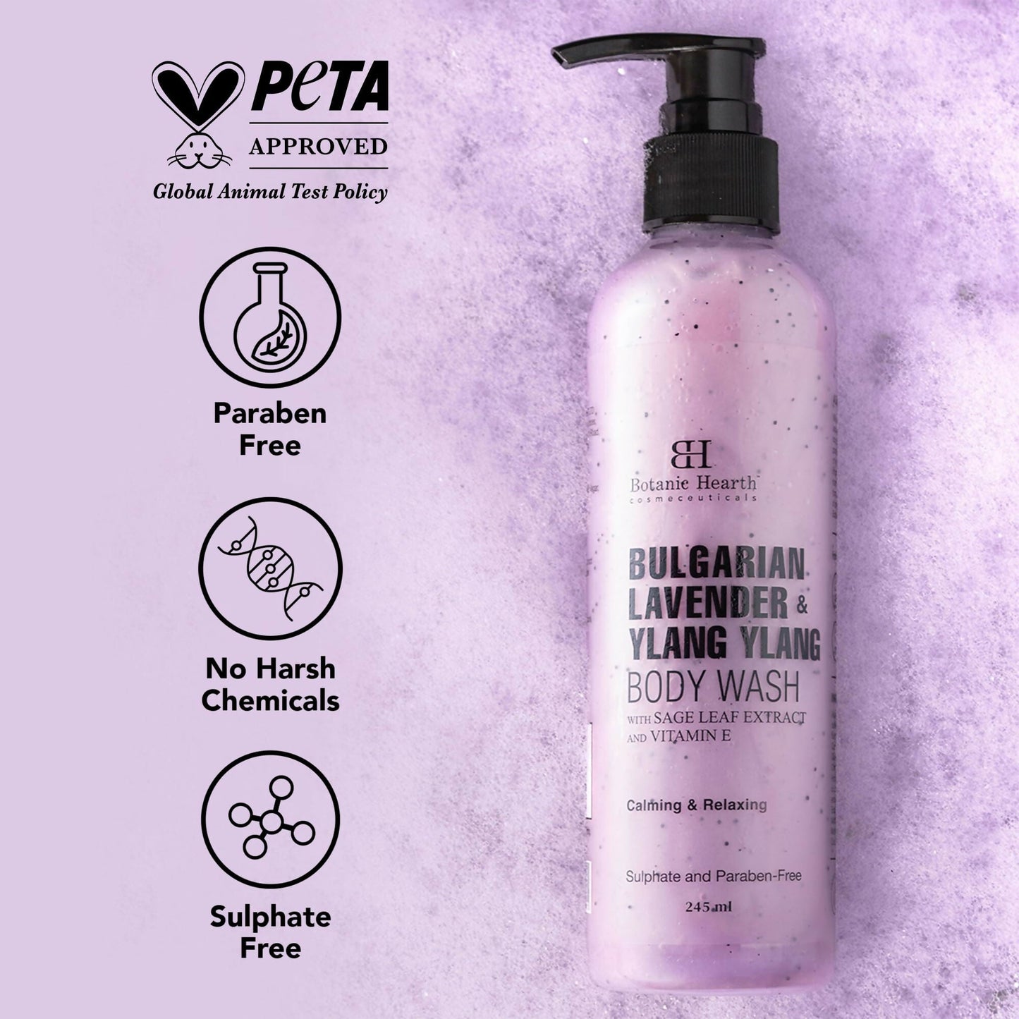 Botanic Hearth Bulgarian Lavender and Ylang Ylang body wash with vitamin E and sage leaf extracts, shown in a clear bottle with a floral label.