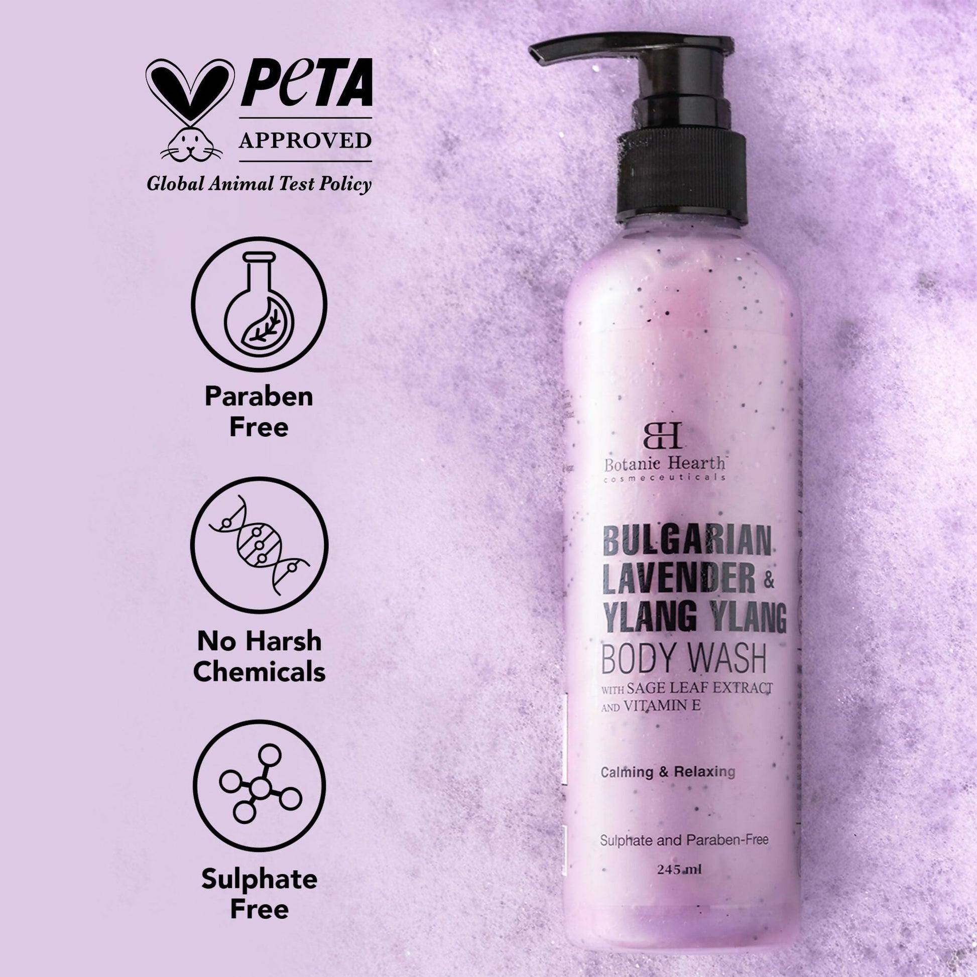 Botanic Hearth Bulgarian Lavender and Ylang Ylang body wash with vitamin E and sage leaf extracts, shown in a clear bottle with a floral label.