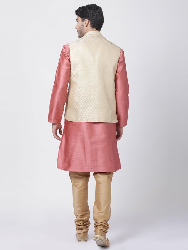 Men's Pink Silk Blend Straight Jacket  Kurta and Pyjama Set