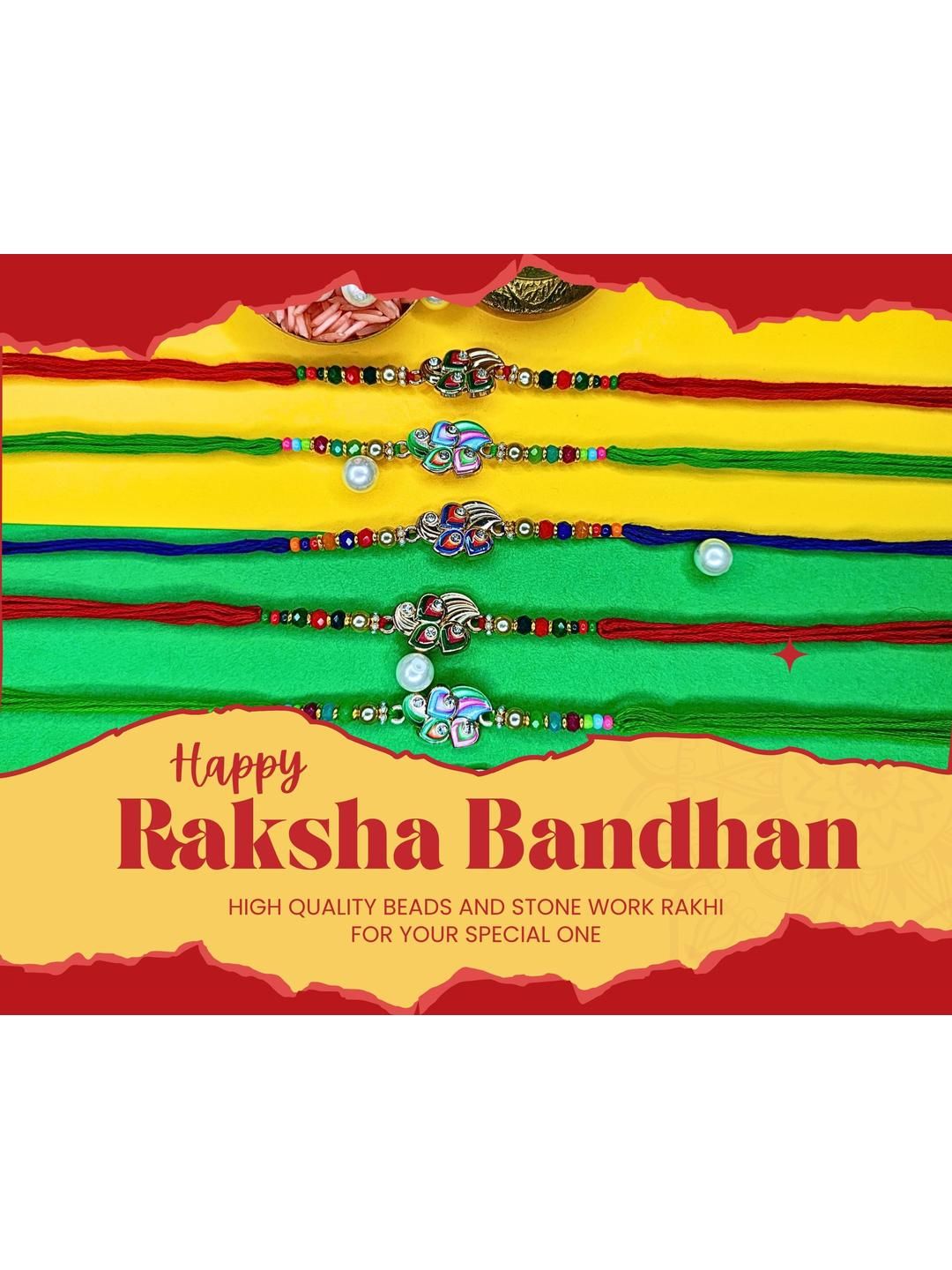 Anouk Set Of 6 Beaded Cotton Thread with AD Stones & Meenakari Designer Rakhi for Brother