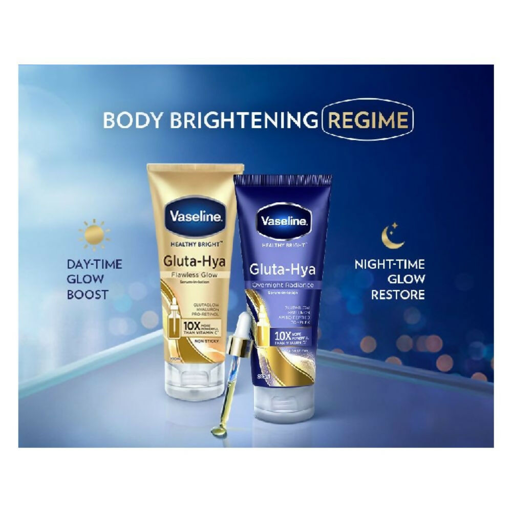 Vaseline Gluta-Hya Flawless Glow and Overnight Radiance Body Lotions, smooth and hydrating skincare products in white bottles.