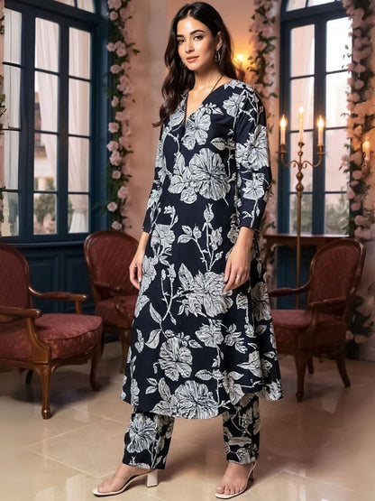 Floral Printed Pure Cotton A Line Kurta With Trousers