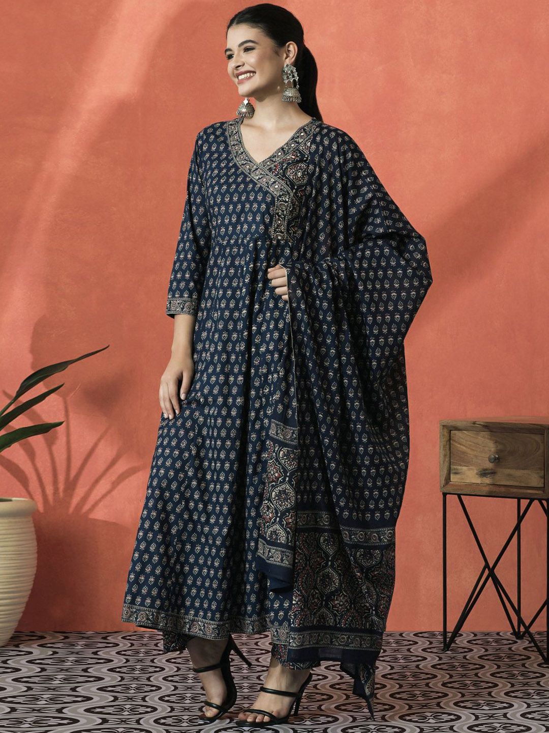 Indyancart SN Women's Floral Printed Pure Cotton V-Neck Angrakha Kurta With Trousers And Dupatta