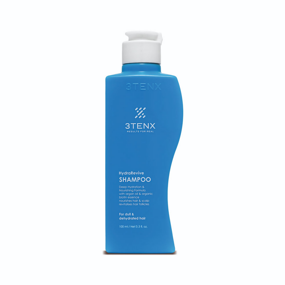3TENX Hydrarevive shampoo for dull, dehydrated hair showing a clear bottle with label and hair strands.